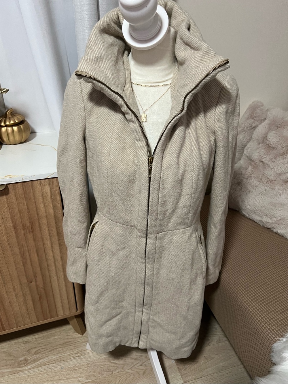 Zara Light Beige Hooded Zip-Front Trench Coat